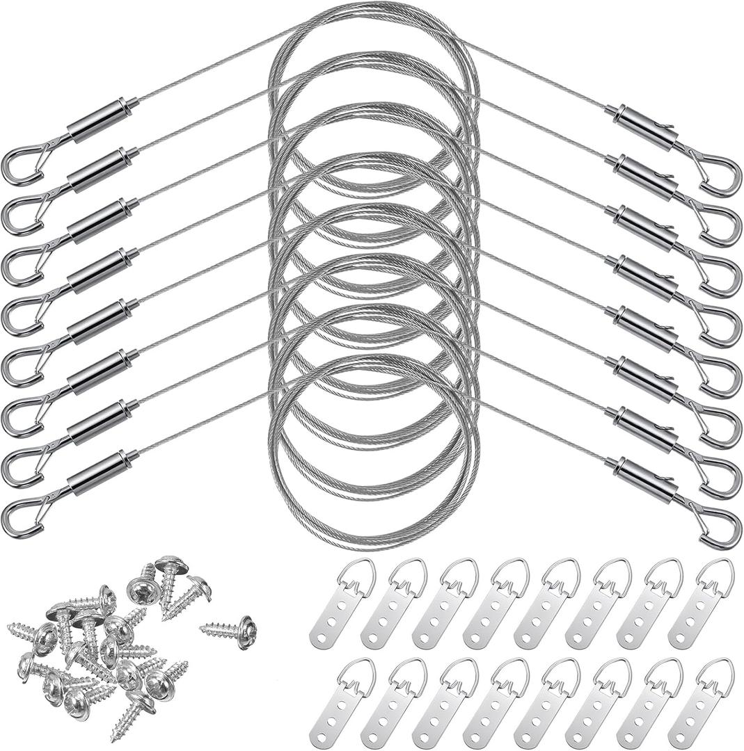8 Pcs Picture Hanging Wire Kit 8 Adjustable Frame Wire 16 3-Hole D Rings Picture Hangers with 48 Screws for Canvas Paintings Hanging Mirror, Light Lamp, Basket Flowerpot and Decor