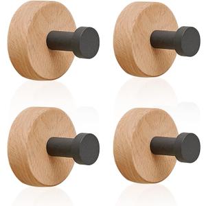 Adhesive Wood Coat Hooks - 4 Pack Beech Wood Wall Hooks Natural Rustproof Coat Rack Adhesive Hooks for Wall, Towel Hooks for Hanging Coats, Hats, Bags, Keys (Style C)