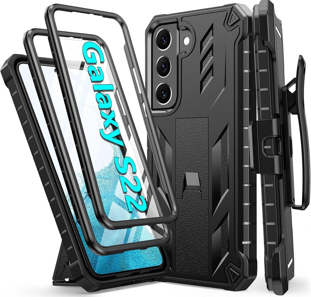 FNTCASE for Samsung Galaxy S22 Protective Case: Military Grade Protection Rugged Anti-Drop Case with Belt-Clip Holster & Kickstand - Full Shockproof Sturdy Durable Bumper Textured Cell Phone Cover