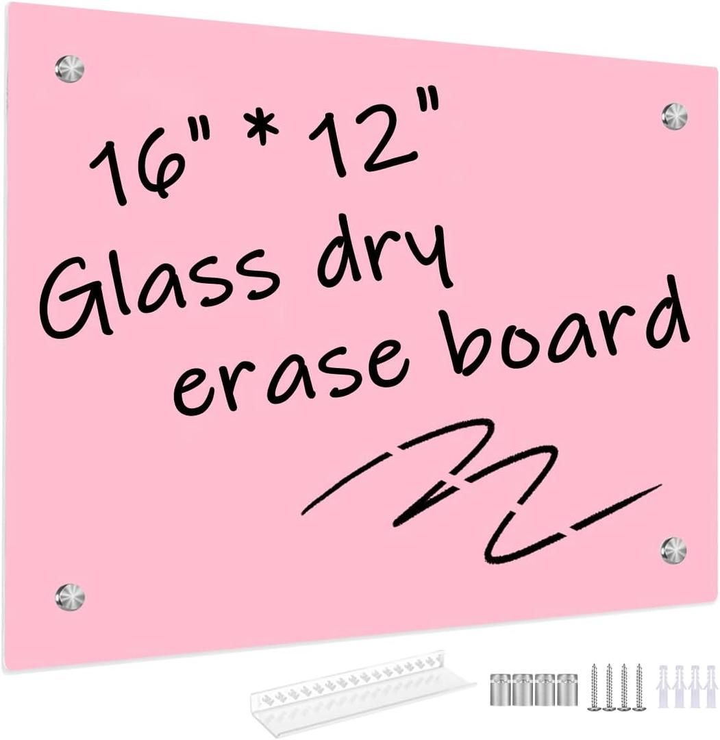 Pink Glass Dry Erase Whiteboard, 12" x 16" Frameless Glass White Board for Home,School,Office,Pink Surface