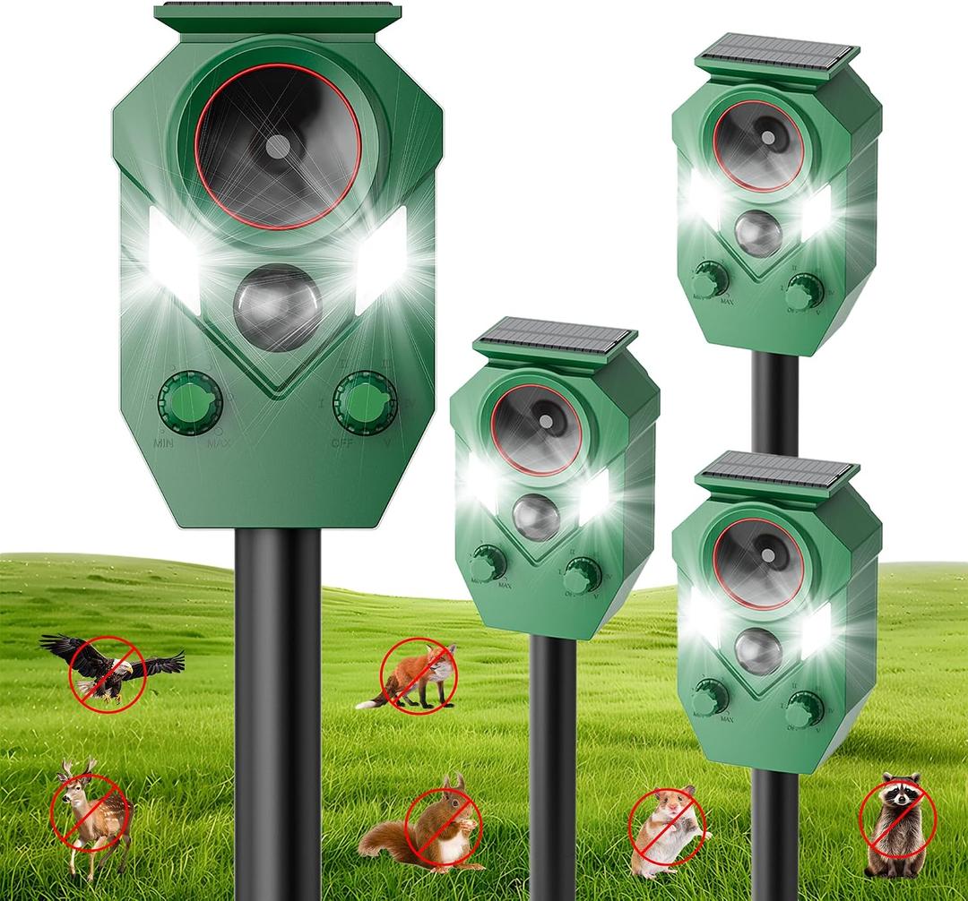 Solar Powered Ultrasonic Animal Repeller with Motion & LED Strobe Lights, Cat Deterrent Outdoor for Squirrels, Deer, Rabbits, Skunks & Dogs, Protects Garden, Yard, Lawn, Farm & Crops - 4Pack