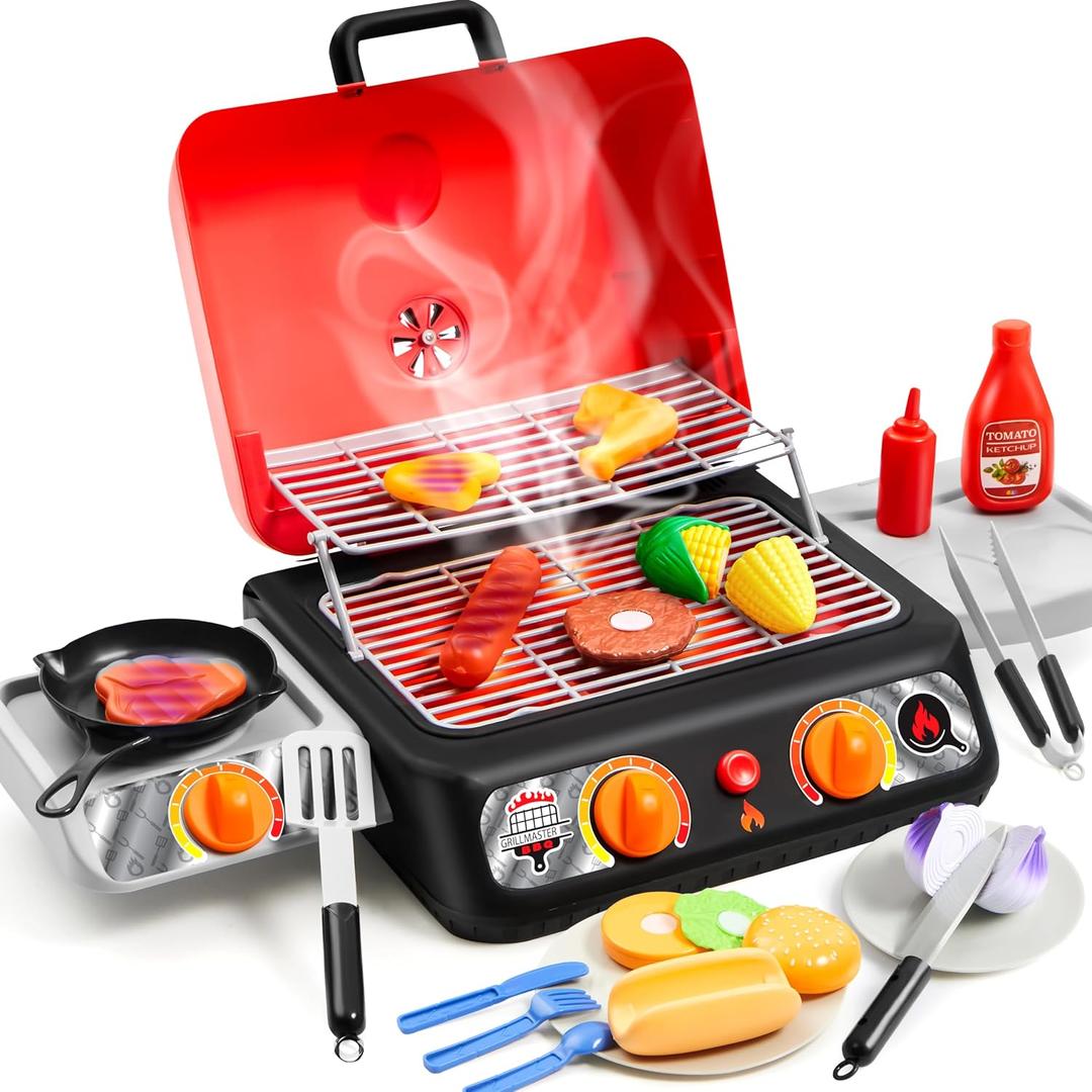 Kids BBQ Grill Playset, Kitchen Toy Set with Pretend Smoke, Light, Sound & Color-Changing Food, Play Kitchen Accessories, Indoor Outdoor Cooking Toy for Boys Girls Kids Birthday Gift, extra-large