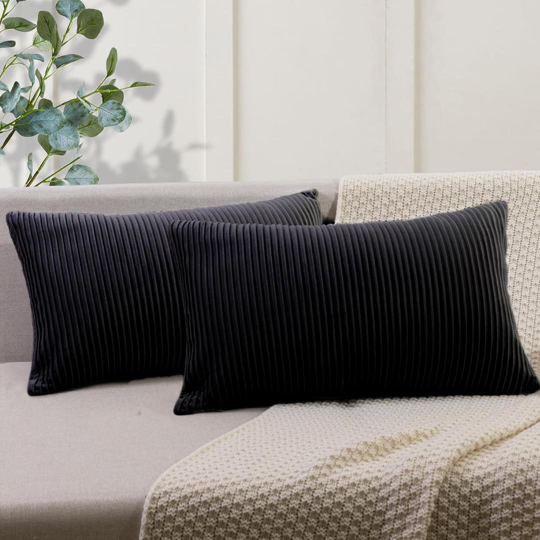 YCOLL Black 12x20 Pillow Cover Set of 2 Velvet Striped Pattern - Soft Throw Pillows for Home Decor, Luxury Decorative Pillow Covers for Couch, Bed,Living Room