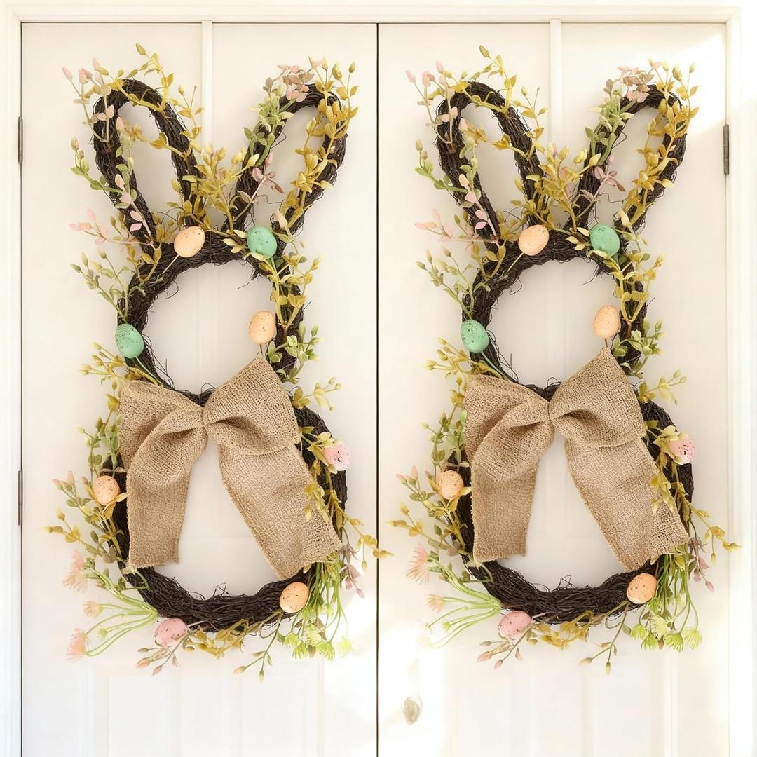 2 Pack Easter Bunny Wreath for Front Door - Large 20 Inch Rabbit Shaped Spring Wreaths with Eggs and Burlap Bow - Natural Vine Hanging Decor for Double Door Wall Covered Porch Farmhouse Home