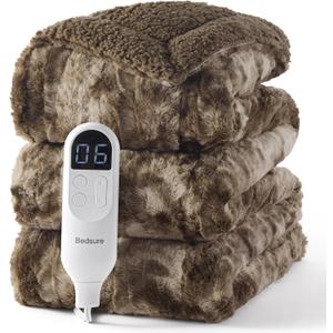 Bedsure Faux Fur Heated Blanket Full Size, Fast Heating Electric Blanket Full Size with 6 Heating Levels & 10 Time Settings, Cozy Gifts for Women Men (72x84 inches, Dark Chocolate)