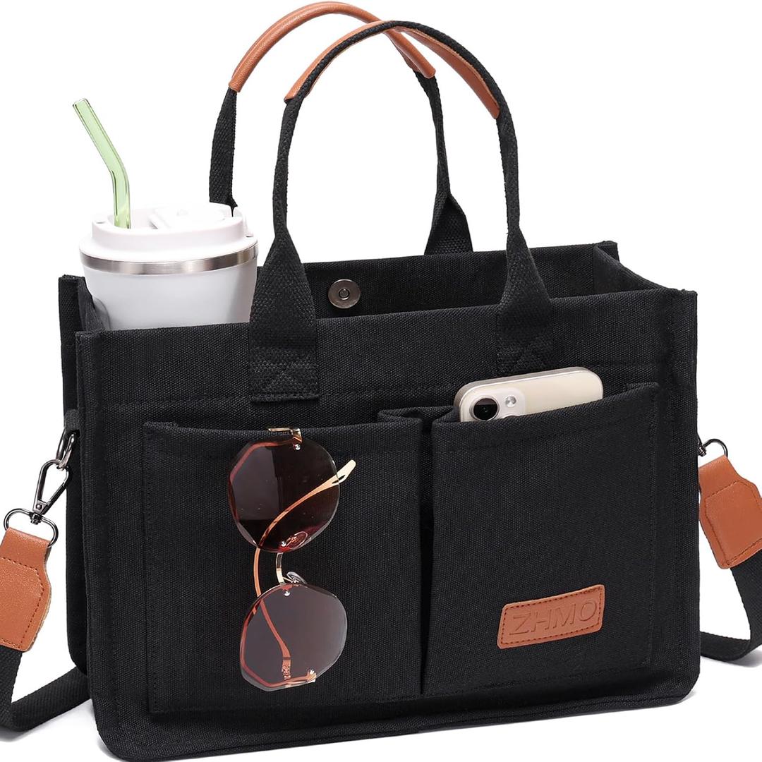 ZHMO Canvas Tote Bag for Women,Women's Bags Crossbody Bags Work Laptop Tote Bag Large Handbags Purse for Travel Nurse Teacher,Canvs Demure Black With Compartments