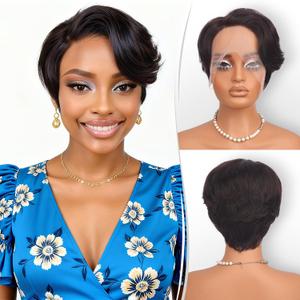 RUWISS Short Human Hair Wigs for Black Women Pixie Cut Wave Lace Front Human Hair Wig with Side Part Bangs for Women, Natural Hairline 100% Real Human Hair Wigs Short Bob Wig Daily Wear, Natural Black