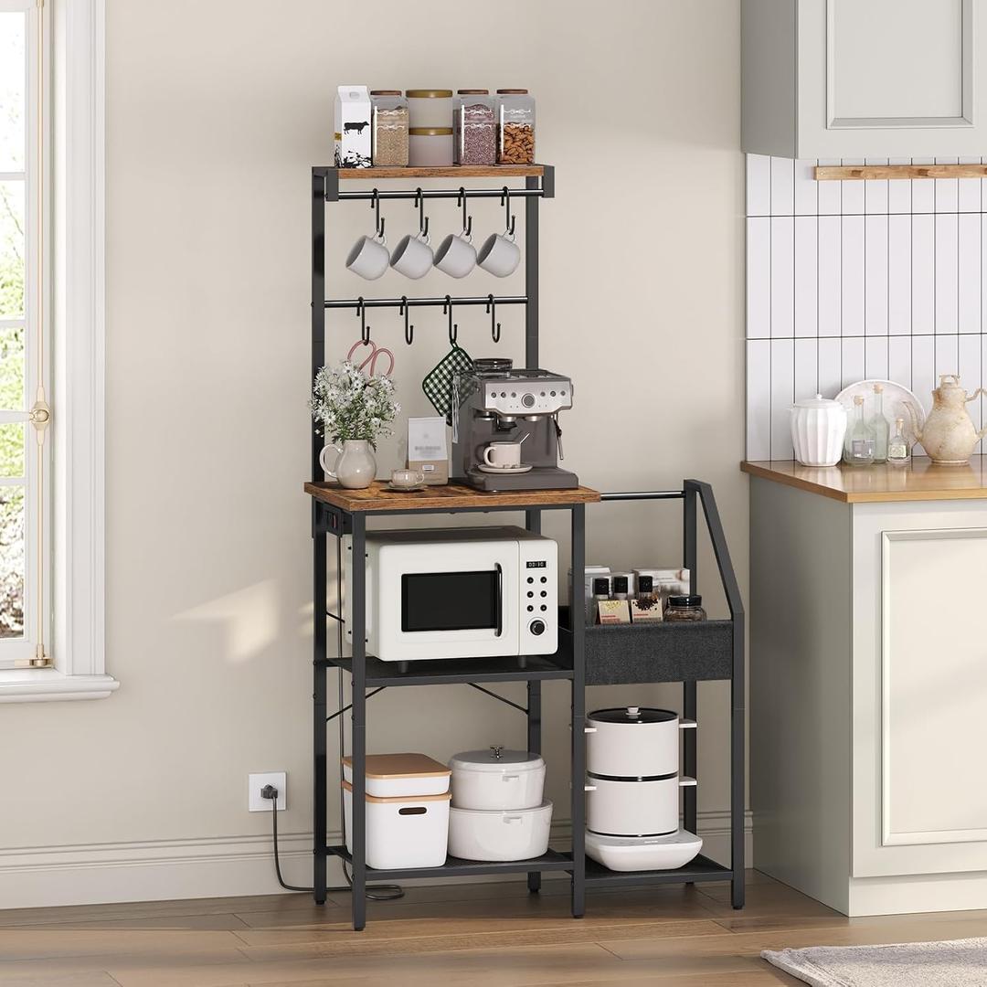 Bakers Rack, Microwave Stand with Storage, Kitchen Storage Shelf with 8 Hooks, Coffee Bar Station with Power Outlet, for Kitchen, Dining Room, Rustic Brown and Black BRHR74E01