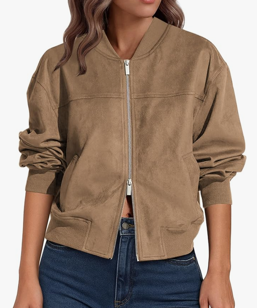 Lazysmile Women's Faux Suede Bomber Jackets Fall Fashion Outfits Winter Clothes Stand Collar Zip Up Coats Outwear S