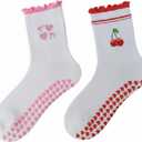 2 Pack Cute Pilates Grip Socks for Women Ruffle Frilly Yoga Socks Non Slip Cotton Crew Sock for Barre Workout