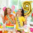 9th Birthday Decorations for Girl Gold with 9th Birthday Sash and Tiara, Candles and Cake Topper, Number Balloons, 9 Year Old Gifts for Girls