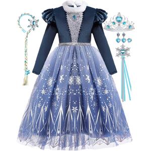 iTVTi Girls Princess Elsa Dress up Costume Snow Queen Halloween Christmas Cosplay Party Toddler Dress Blue, 5-6 Years
