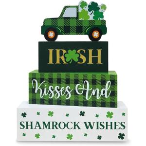 St. Patrick's Day Decorations, 4 Pcs Wooden St. Patrick's Day Table Decorations, Shamrock Truck Tiered Tray Decor, Wooden Table Sign for Desk Shelf Mantel Centerpiece, Indoor Home Decor (Green)