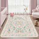 Dadasgk Pink Floral Area Rug for Nursery, 5x7 Washable Rounded Corner Rugs for Bedroom Girls Playroom or Kids Room, Boho Soft Non-Slip Carpet for Classroom Dorm Girl Room Decor