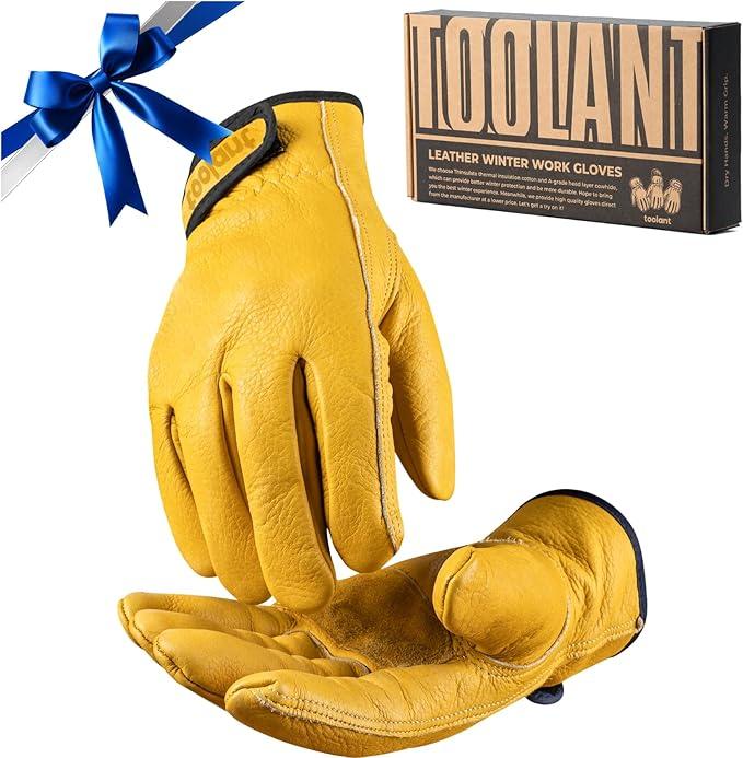 Toolant Winter Leather Work Gloves, Warm 3M Thinsulate Lining for Cold Weather Work, Thermal Insulated Gloves (Medium, Yellow - Winter Version (1 Pair))