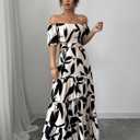Women's Boho Off The Shoulder Short Sleeve Maxi Dresses Casual Summer Tiered Ruffle Swing Cut Out Flowy Dress (Beige, L)