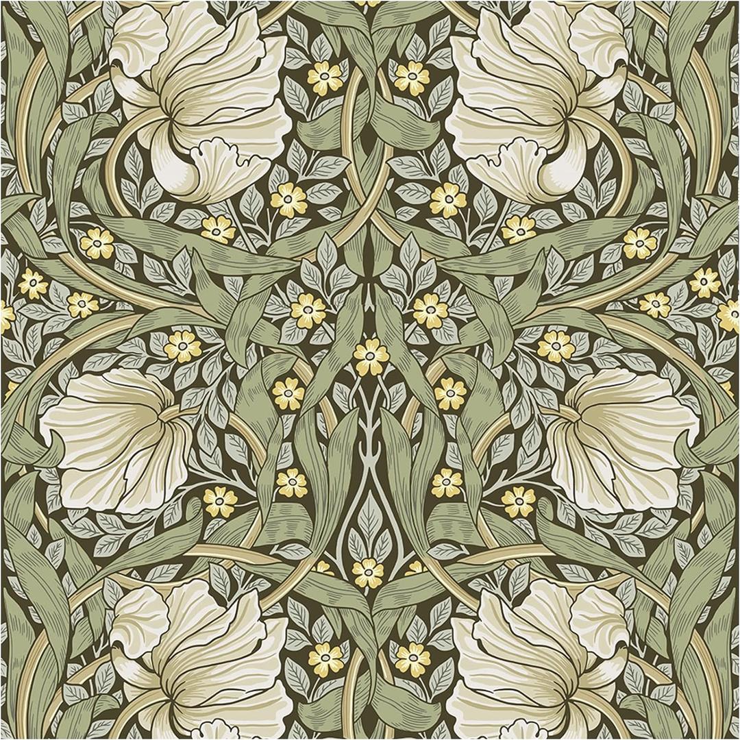 HAOKHOME Vintage Floral Wallpaper Peel and Stick Botanical Sage Green/Yellow Wall Murals Home Kitchen Bedroom Decor by William Morris 17.7in x 9.8ft