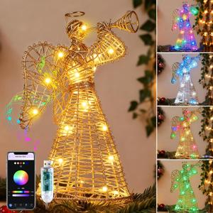 Smart Christmas Tree Topper, 3D Lighted Trumpeting Angel Topper with RGB LED Light, Gold Glittered Xmas Tree Topper with Music Sync, Timer, DIY Mode & APP Control for Indoor Holiday Decor, USB Powered