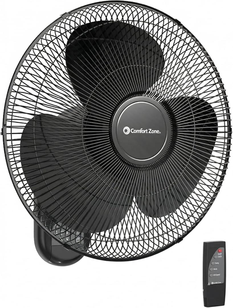 Comfort Zone 16-Inch Wall Mount Fan with Remote Control Quiet 3-Speed Oscillating Indoor Fan with 90 Wide-Angle Airflow, Timer & Sleep Modes Space-Saving Wall Fan for Bedroom, Home Gym & Office