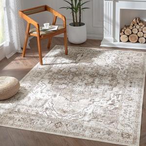 COLLACT 5x7 Area Rug - Vintage Living Room Medallion Washable Rug Distressed Bedroom Floral Taupe Print Non Slip Retro Low Pile Thin Carpet for Dining Room Office Kitchen