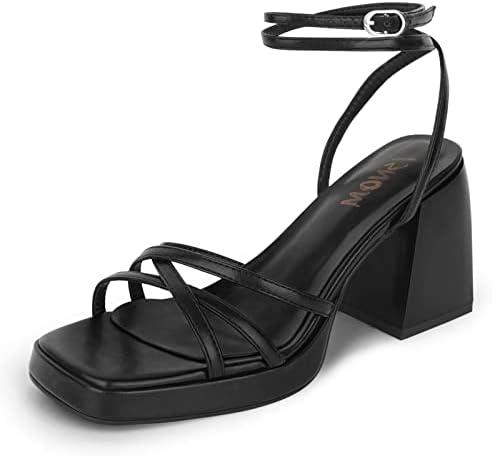 ISNOM Platform Heels for Women Comfortable Strappy Heels Short Block Chunky Sandals Ankle Strap Simple Summer Heeled Sandals Square Open Toe Wedding Work Party Dressy Prom Not For Wide Feet Size 6