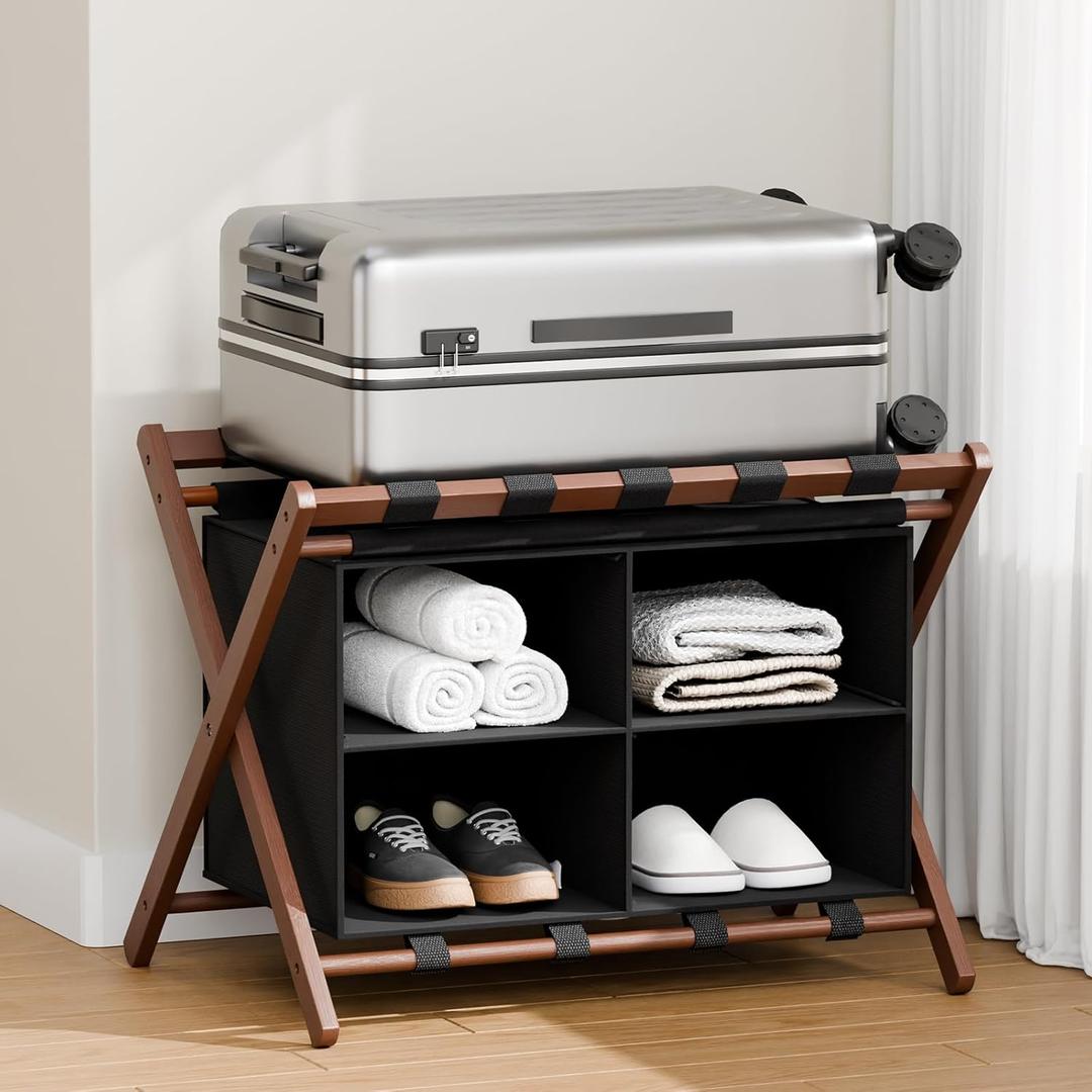 Bamboo Luggage Rack For Guest Room with 4 Storage Compartments, Foldable Suitcase Stand for Guest Room, 150lbs Capacity, Sturdy, Space-Saving and Easy to Assemble Organizer