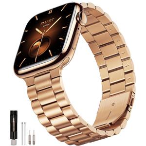 SUNFWR Compatible with Apple Watch Band 45mm 44mm 42mm for Men Women, Stainless Steel Metal iWatch Band for Apple Watch Series 9/8/7/6/5/4/3/2/1/SE/SE2 (Rose Gold, 42mm/44mm/45mm No case)