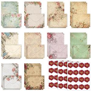 TaoBary 160 Pcs Stationery Paper Set 50 Double Sided Stationery Papers with 50 Matching Envelopes and 60 Round Dot Sticker, 10 Design(Vintage Floral,5.5 x 8.25 Inch)