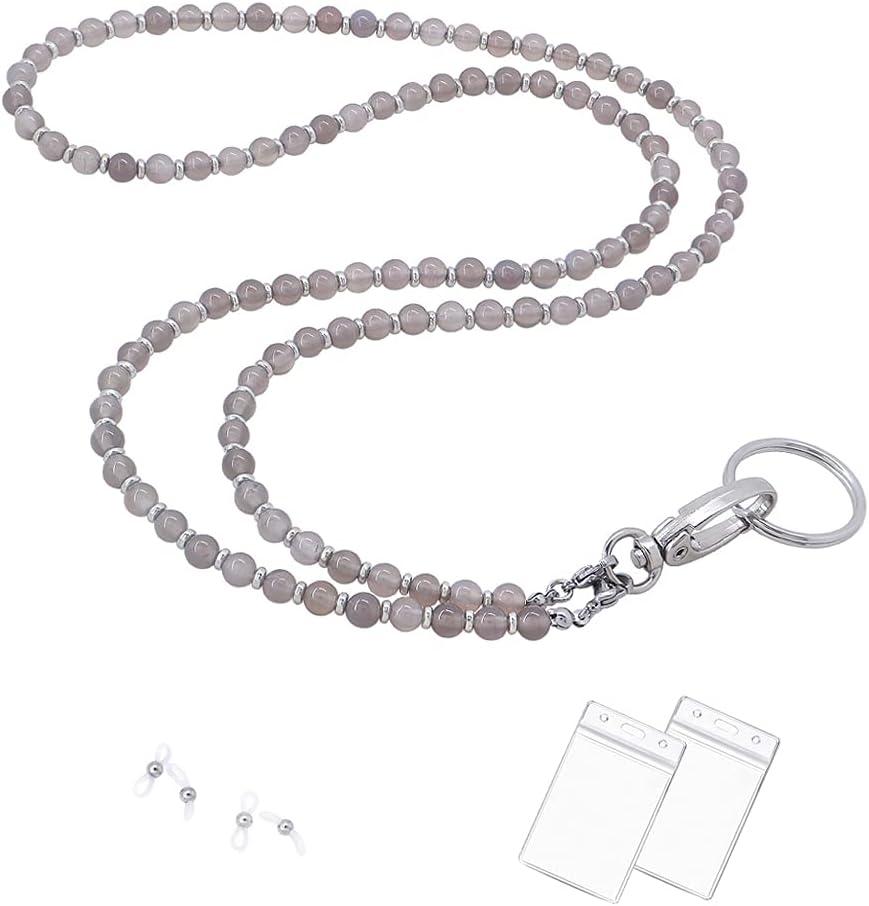 C&L Accessories Lanyard for ID Badges Holder, Beaded Cute Lanyards for Keys Neck Lanyards Glasses Strap for Women (Grey Agate)