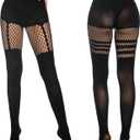 MANZI Womens Faux Thigh High Fishnet Stockings Stitching Opaque Pantyhose Mock Over the Knee Goth Striped Suspender Tights (Black)