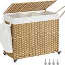 SONGMICS Laundry Hamper with Lid, 42.3 Gallons (160 L), Rolling Laundry Basket with Wheels, 3-Section Synthetic Rattan, Removable Liner, Bedroom, 29.9 x 13 x 26 Inches, Natural ULCB365N01