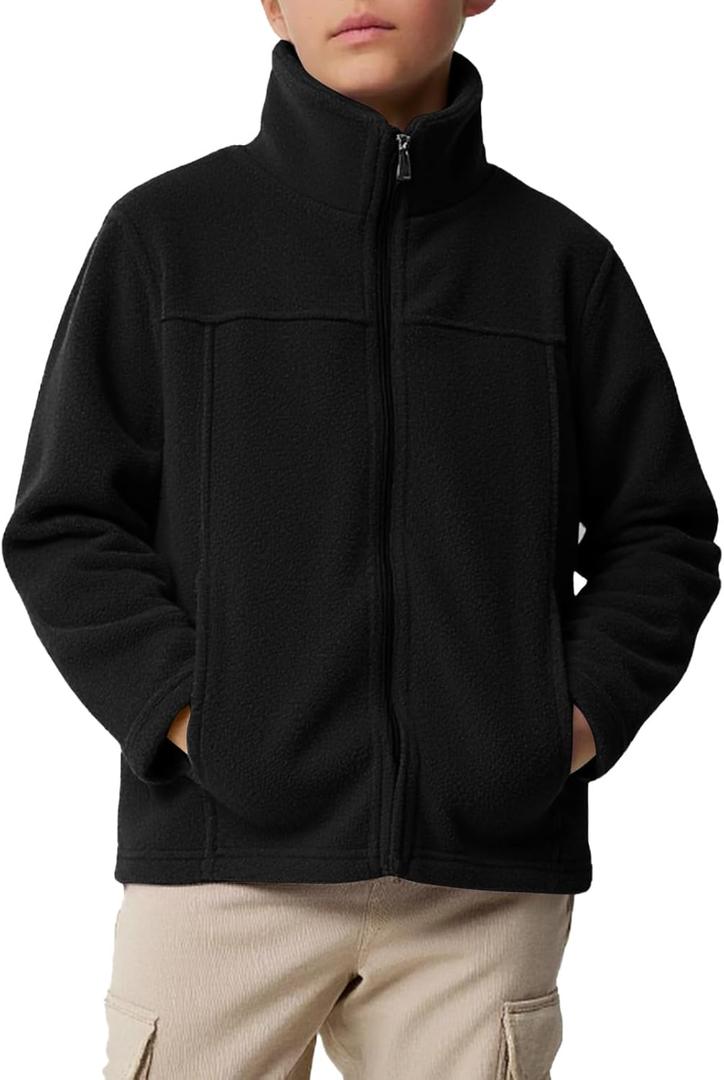 Haloumoning Boys Zip Up Fleece Jacket Kids Lightweight Outerwear Long Sleeve Mock Neck Coat with Pockets 5-14Y (Black, M)