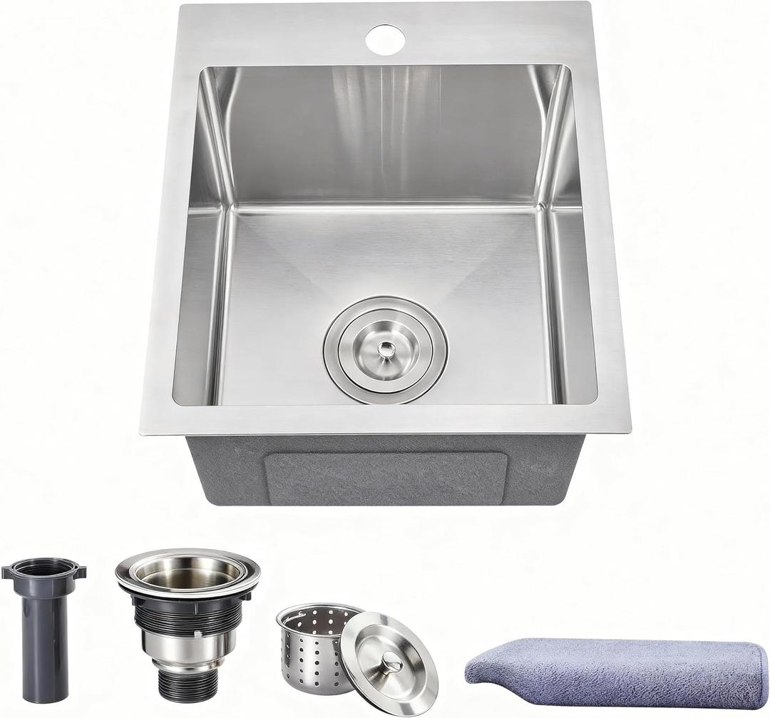 Drop In Bar Sink,15x13 Inch Topmount RV Small Kitchen Sink, 16 Gauge Handmade 304 Stainless Steel,Outdoor Single Bowl Bar Sink with Strainer, Towel