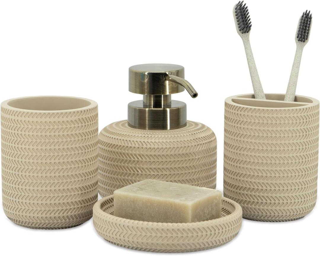 ZCCZ Beige Bathroom Accessories Set 4 Pcs - Toothbrush Holder, Soap Dispenser, Vanity Tray, Tumbler - Countertop Organizer for Bathroom Decor - Stylish and Functional Accessory Set for Home (Beige 4pcs)