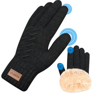 Winter Gloves for Women Men With Fleece Lining Knit Stretchy Touch Screen Thermal Warm Gloves for Cold Weather (Large, Black)