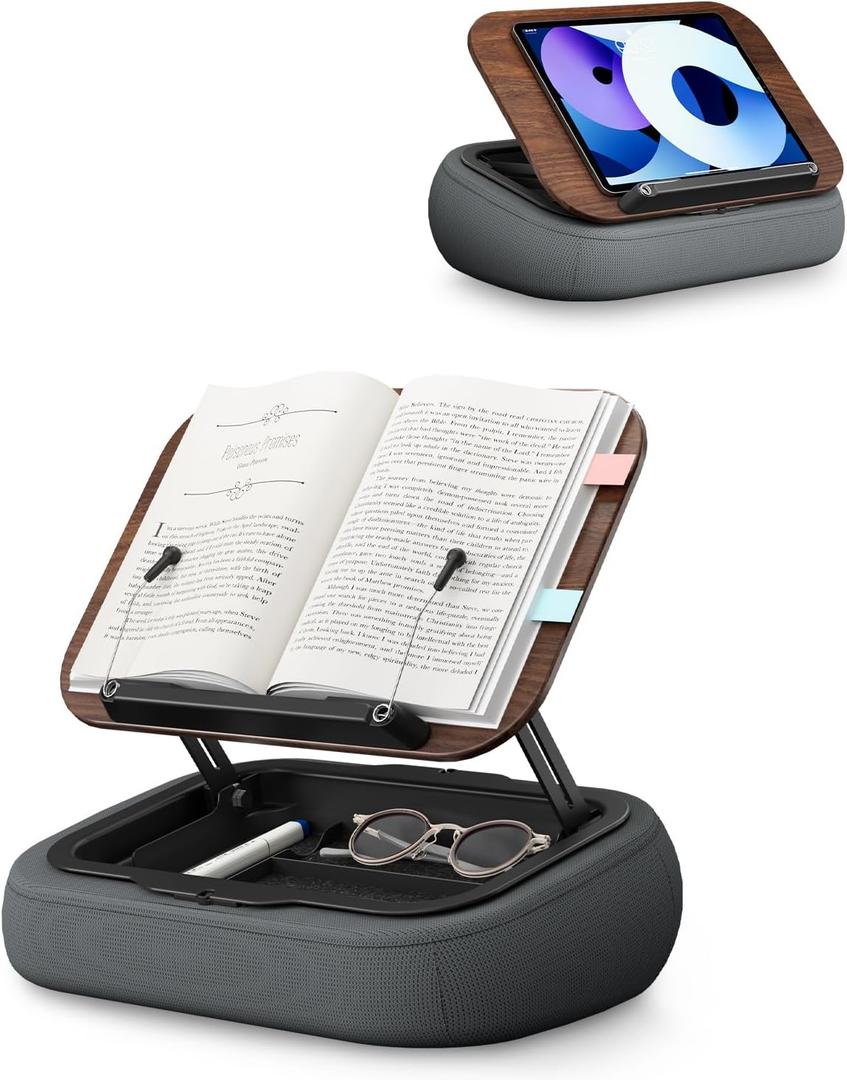 Lap Beanbag Book Stand with Storage, Adjustable Reading Pillow for Bed & Desk, Multi-Angle Book Stand Pillow Holder, Hands-Free Lap Reading Stand for Book,iPad, Tablet, Book Lover Essential (Dark Wood)