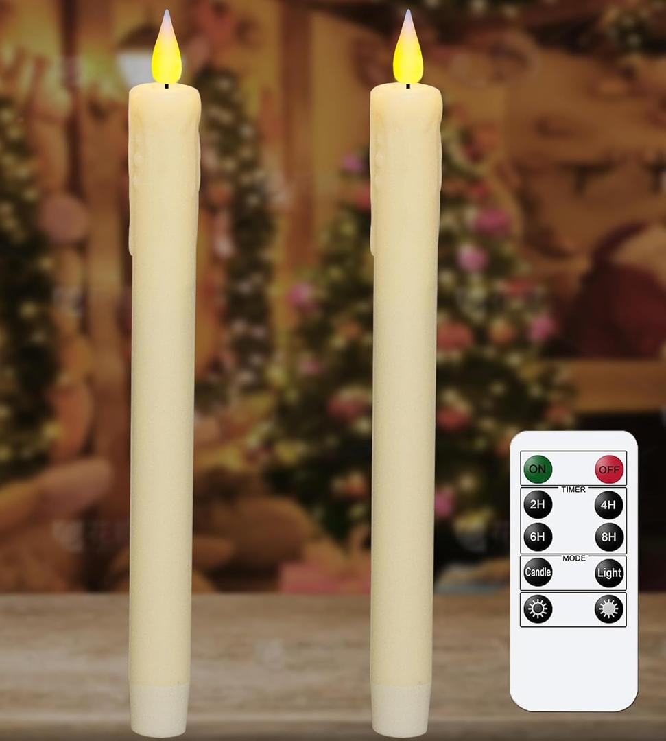 KSWING Upgraded Real Wax LED Flameless Taper Candles with Remote, 2 PCS Ivory Dripping Candlesticks Battery Operated 3D Flickering - 9.6" Long Realistic Fake Candle Sticks for Home/Wedding/Xmas Decor