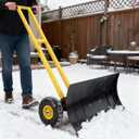 Wheeled Snow Plow Shovel, 16.5" H Heavy-Duty Steel Black Blade with Double Handle, 5 Angles, 2 Wheels, Back Saver Pusher for Snow Removal on Driveway, Sidewalks and Doorways