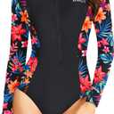 Daci Women Long Sleeve Rash Guard One Piece Zipper Swimsuit Surfing Bathing Suit UPF 50 (Small, Black Flower)