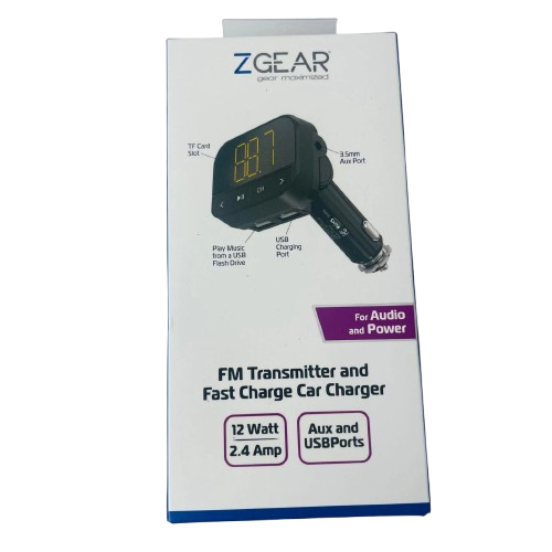 ZGear FM Transmitter and Fast Charging Car Charger 12 watt 2.4 amp Aux & USBport, 2 Pack