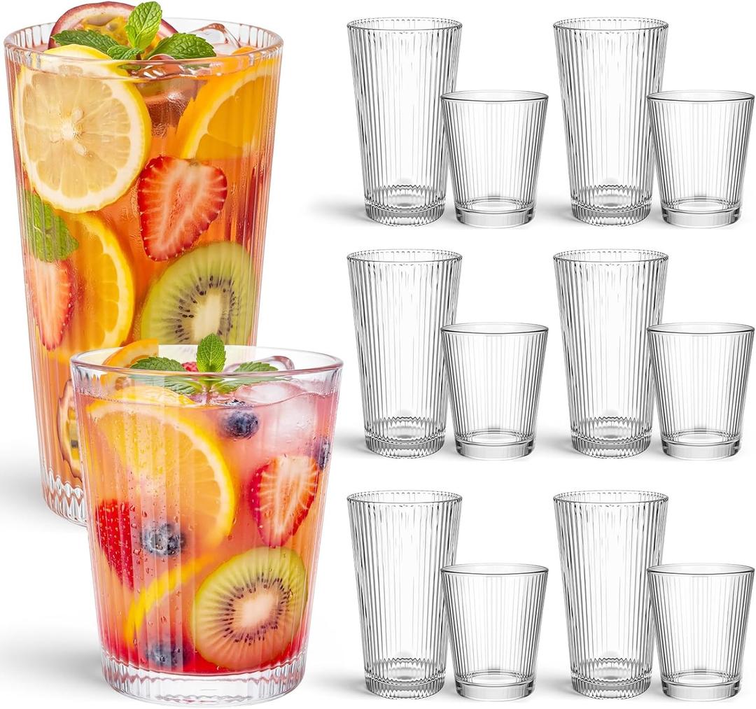 12 Pack Ribbed Drinking Glasses Set 9oz 12oz Ribbed Glass Cups Vintage Fluted Glassware Clear Cocktail Cup Clear Ice Coffee Highball Ripple Drinkware for Home Bar Beverages