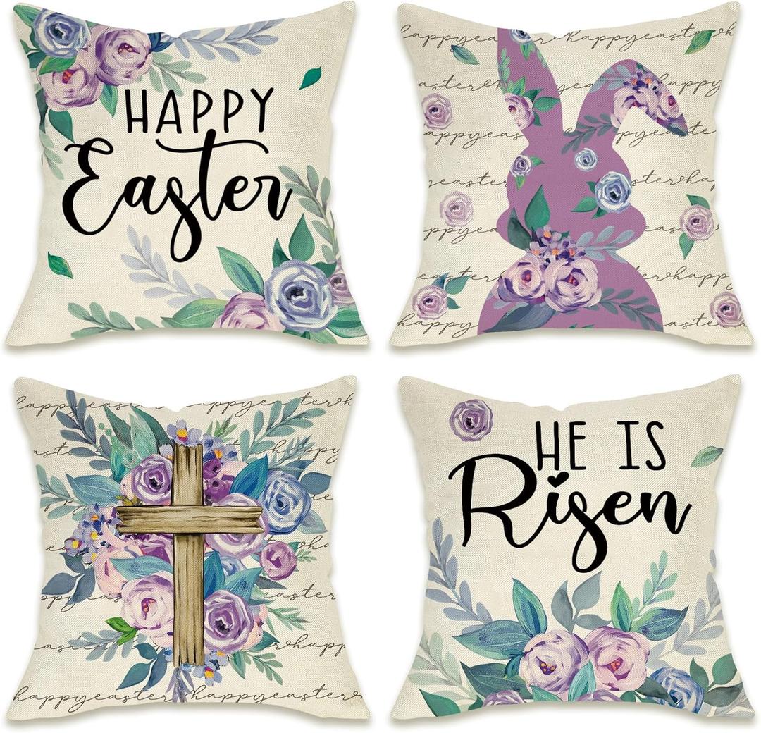 Fahrendom Happy Easter Bunny Christian Decorative Throw Pillow Covers 18 x 18 Set of 4, Religious He is Risen Cross Rabbit Porch Outdoor Pillowcase, Spring Purple Rose Flower Cushion Case Home Decor
