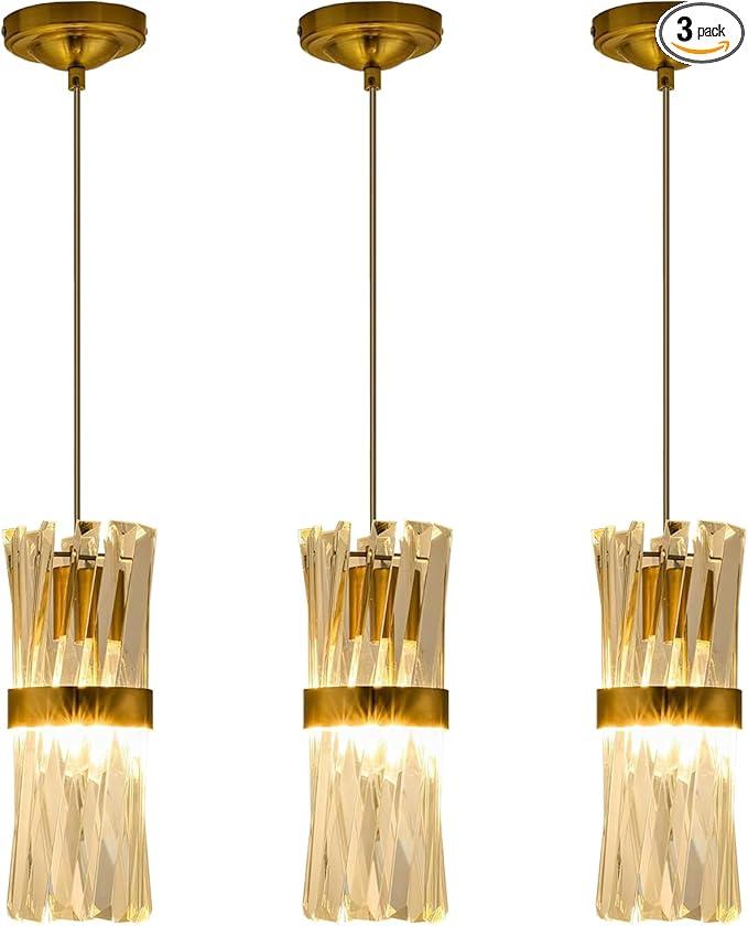 Ken & Ricky Pendant Lights Kitchen Island Gold 3 Pack,Crystal Pendant Lighting Over Island,Modern Pendant Light Fixtures for Dining Room Bedroom Bathroom Livingroom