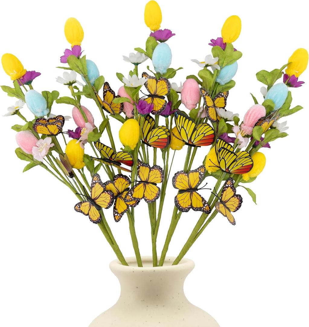 5Pcs Easter Stems Decorations with Butterflies, 19.5" Artificial Spring Floral Picks with Colorful Eggs & Flowers, Easter Tree Spray Branches for Vase Filler Centerpiece, Home Party Dcor