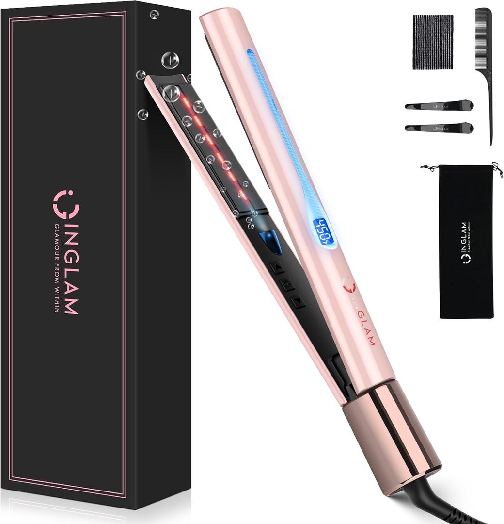 IG INGLAM Titanium Flat Iron Hair Straightener, Infrared Curling Iron 1 Inch, Negative Ionic Dual Voltage Straightener 11 Adjust Temp 250F to 450F, Shiny Hair 110-240V, Gift, Pink