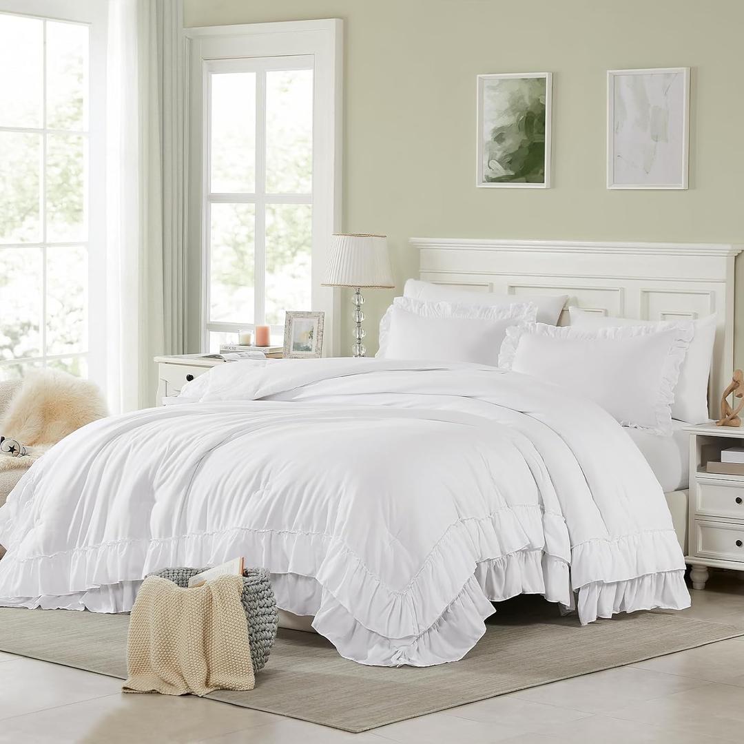 Cupocupa White Ruffle King Size Comforter Set; Shabby Chic Bedding Farmhouse Rustic 3 Pcs Bedding Ultra Soft Fluffy Washed Vintage Solid Boho Lightweight Off White Bed Set for All Seasons