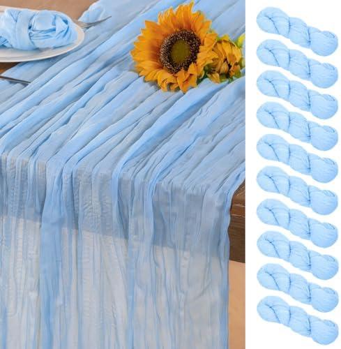 DeZerlor Baby Blue Cheesecloth Table Runner 10 Pack Summer Sheer Light Blue Cheese Cloth Table Runners Boho Gauze 120 Inches Gauze Summer Table Decorations for Wedding Bridal Baby Boy Shower Birthday