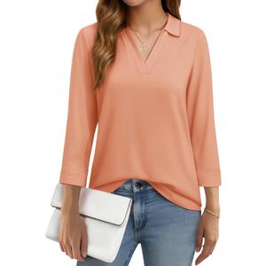 YUCOLEN 3/4 Sleeve Tunic Tops for Women V Neck Collared Shirts Chiffon Work Blouses Dressy Casual (Orange, L)