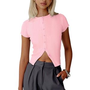Womens Short Sleeve Sweater Tops Crew Neck Button Casual Summer Sweaters Ribbed Knit Cropped Cardigans (Pink, M)