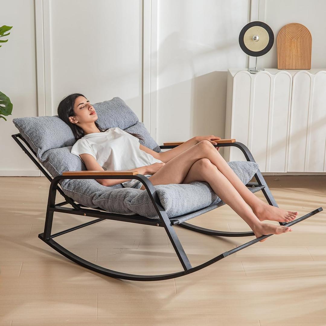 MAXYOYO Rocking Chair with Adjustable Backrest, Extra-Wide Teddy Upholstered Gliding Chair Boucle Reclining Chair, Modern Accent Chair for Living Room Nursery Bedroom Outdoor, Grey